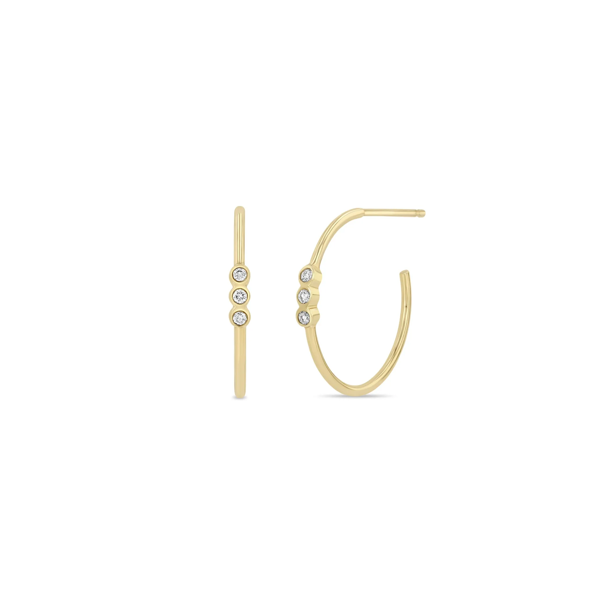 14k 3 Bezel Set Diamond Small Hoops