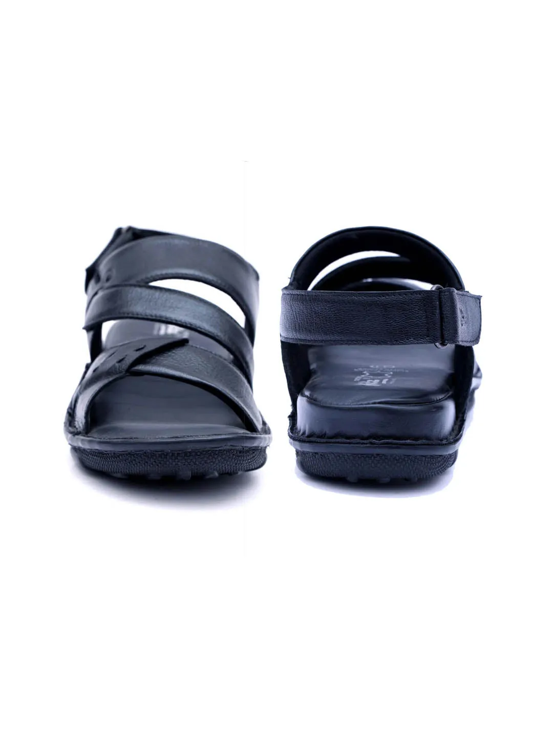 Hitz Men's Black Leather Open Toe Sandals with Velcro Closure