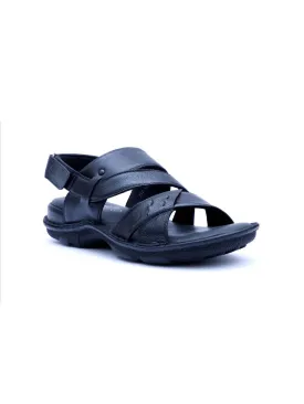 Hitz Men's Black Leather Open Toe Sandals with Velcro Closure