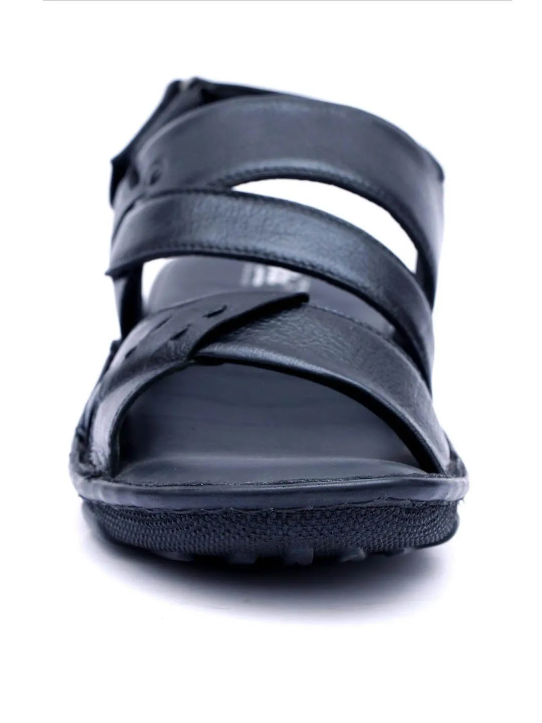 Hitz Men's Black Leather Open Toe Sandals with Velcro Closure