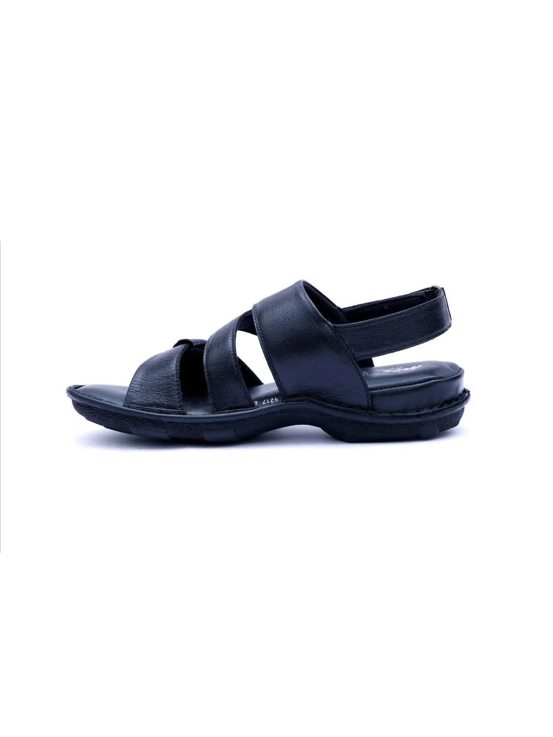 Hitz Men's Black Leather Open Toe Sandals with Velcro Closure