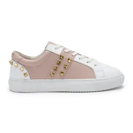 Hoxton - White and Pastel Pink Leather Trainers with Gold Studs