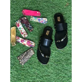 Kolas - Black Open Flats with Changeable Straps