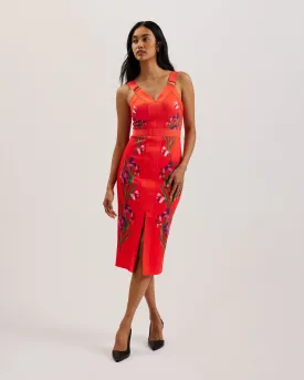 Maceio Printed Bodycon Midi Dress Brt-Red