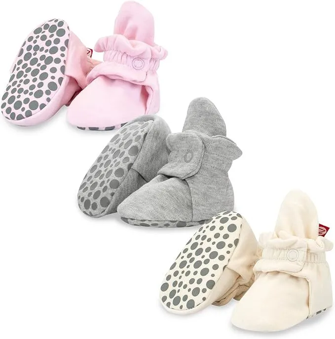 Organic Cotton Gripper Baby Bootie 3 Pack - Heather Gray/Baby Pink/Cream